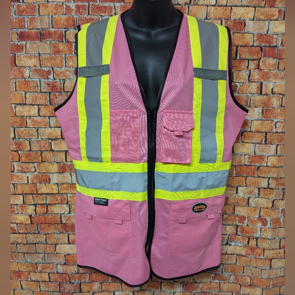 Pioneer Pink Safety Construction Vest Hi-Vis Reflective Stripes Size Large